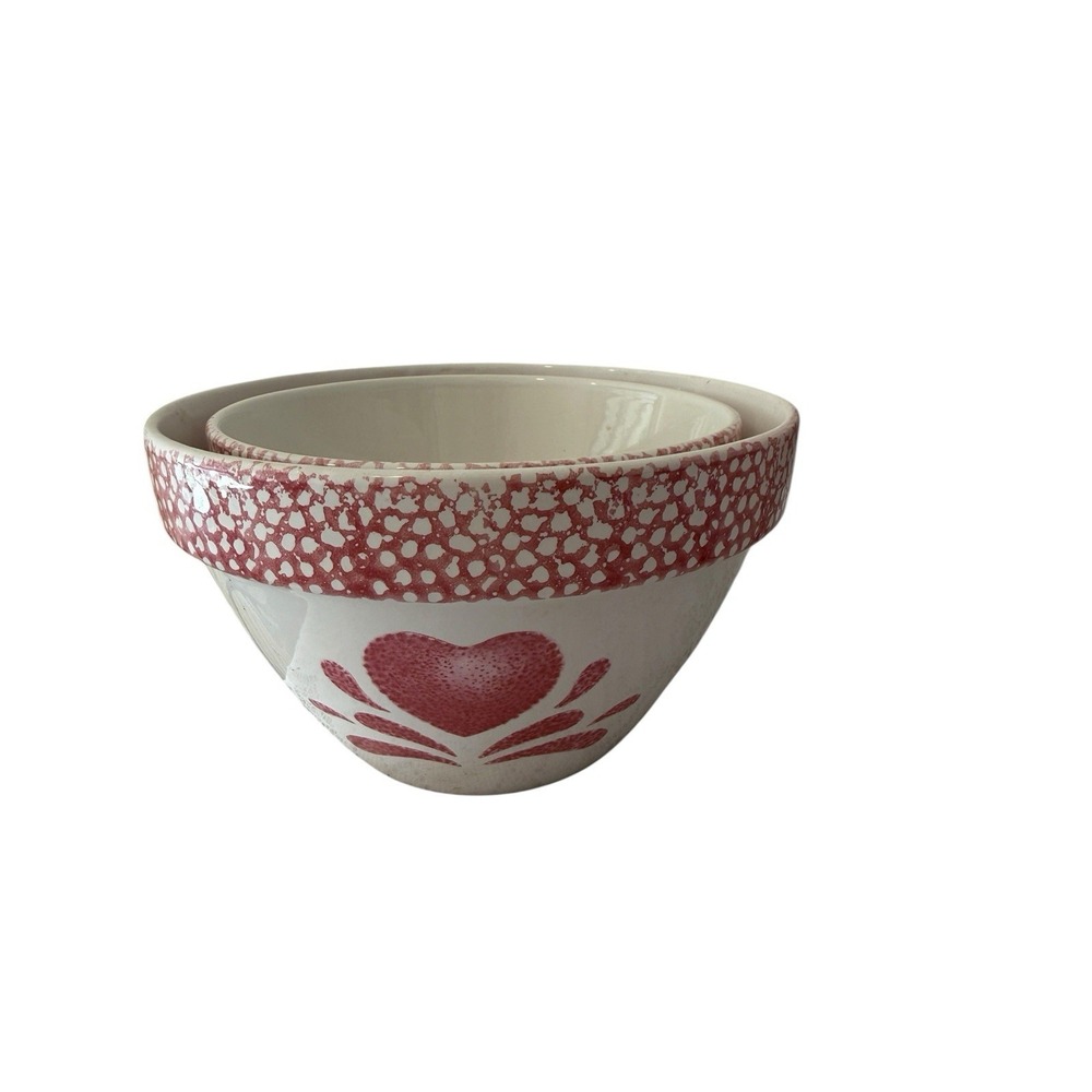 3‎ Piece Pink Heart Spongeware Mixing Bowl Pink White Vintage Cottagecore - Picture 5 of 7